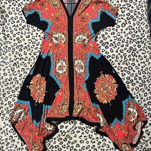 Signature by Robbie Bee Coral and Black Handkerchief Hem Dress